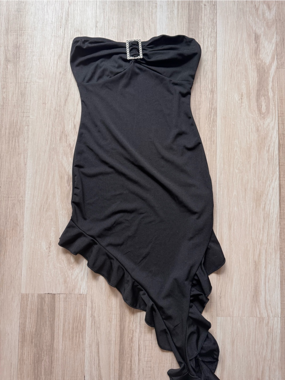 Black Ruffle Dress with Rhinestone Buckle